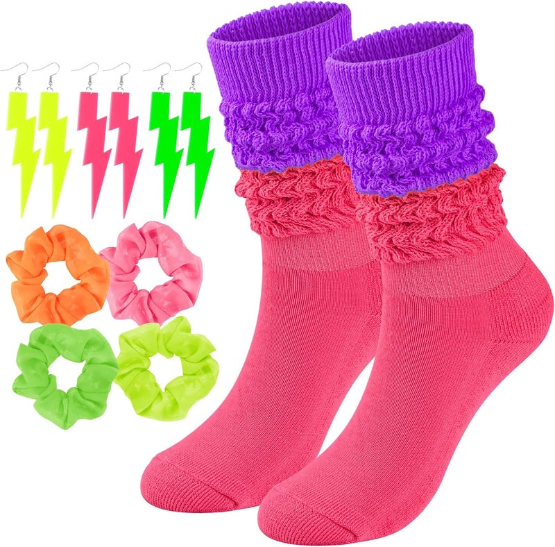 TRIITECH Store Neon Slouch Socks for Women, 80s 90s Scrunch Knee High Socks with Neon Earrings and Scrunchies for 80s 90s Party - Image 1